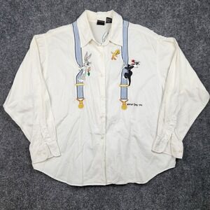 Vintage Warner Bros Looney Tunes Shirt Mens XL White Suspenders Embroidered 90s